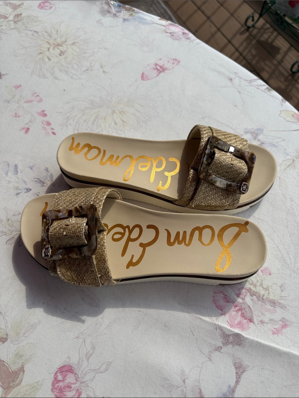 Sam Edelman Metallic Gold Raffia Buckle Slide Sandals